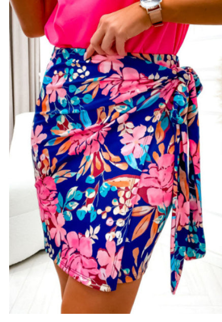 Blue Floral Print Lace-up High Waist Bodycon Mini Skirt