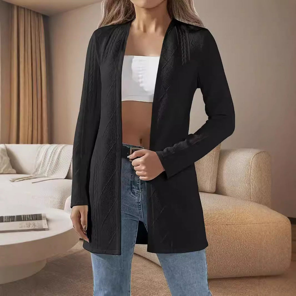 Women's Solid-color Textured Long-sleeve Cardigan Jacket