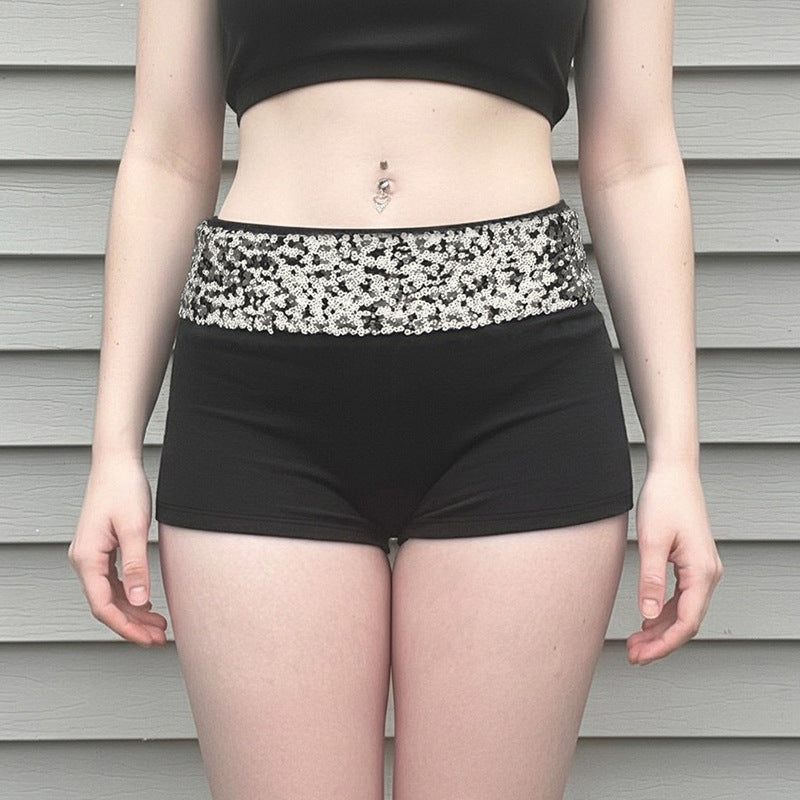 American-style Edgy Sassy Sequined Patchwork Shorts With A High Waist