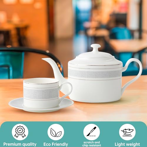 London Boutique Teapot, Teapots for 4 with Built-in Filter for Loose Leaf Tea, 1.3L Large Teapot, White Teapot with Silver Rim, Lightweight, Fina China Teapot Set Perfect Tea Maker for Tea Lovers