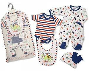 Brand New Baby Boys 5piece Gift Set Sleepsuit, Vest, Bib, Hat & Mitts Hungry Dinosaur 3 sizes (Newborn)