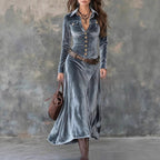 Women's Retro Elegant Long-Sleeve Dress With Metal Buttons