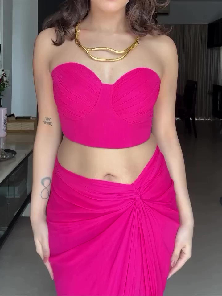 Rose Red Tube Top Twisted Skirt Set