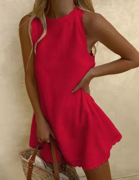 Cotton Hemp Solid Color Embroidered Ruffled Women's Dress