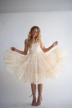 Square-neck Solid-color Wooden High-waist Flared Sleeveless Dress