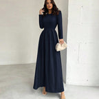 Elegant Long Sleeve Waist Cinching A Line Dress