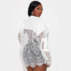 Fashionable Solid-Color Loose-Fit Versatile Lace Sheer V-Neck Top