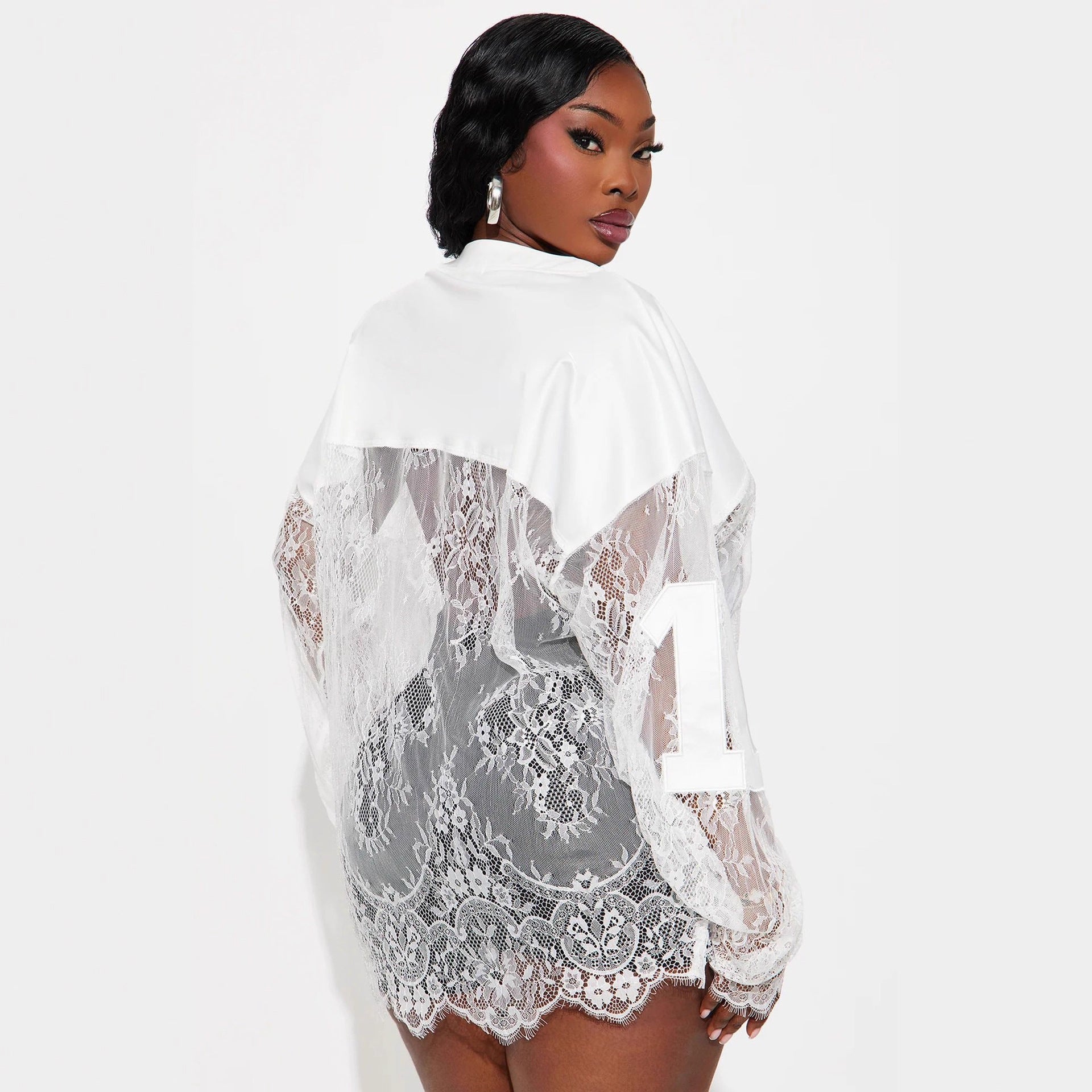 Fashionable Solid-Color Loose-Fit Versatile Lace Sheer V-Neck Top