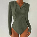 Autumn New Knitted And Emerized Sunken Stripe Hooded Solid Color Jumpsuit