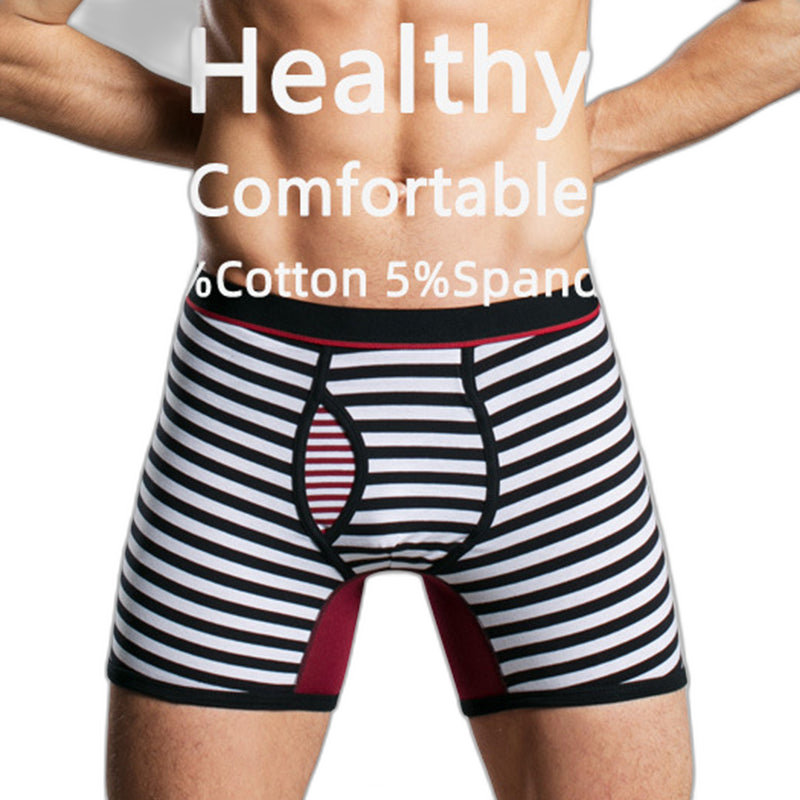Men's Fly Front with Pouch Striped Cotton Boxer Briefs