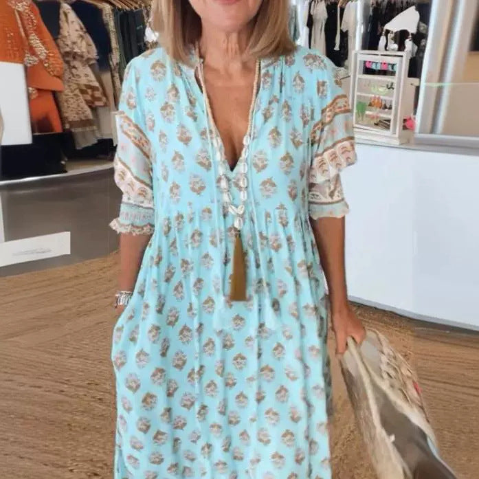 Summer Bohemian Print Lantern-Sleeved Dress Fashion Loose V-Neck Ruffle Long Dress Beach Clothing For Women