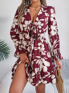 Women's Floral Long Sleeve Scalloped Hem A-Line Dress