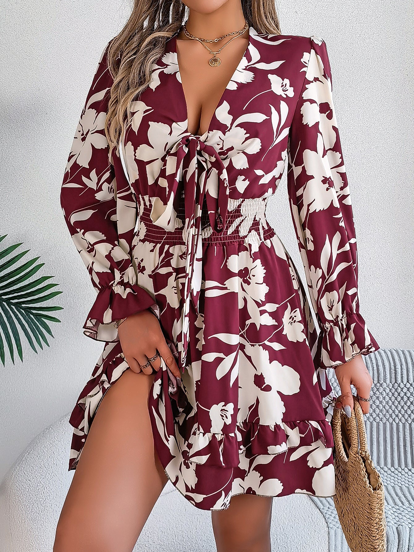 Women's Floral Long Sleeve Scalloped Hem A-Line Dress