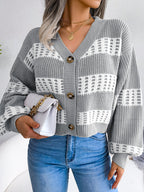 Women Designer Color Block Lantern Sleeve Cardigan Sweater Coat