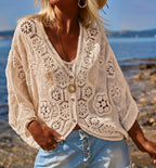 V-neck Hollow-out Knit Top With Three-quarter Sleevesloose-fit