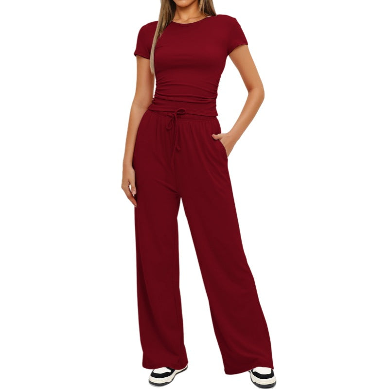 2pcs Solid Color Casual Sports Yoga Suit Short-sleeved Top And High-waisted Drawstring Wide-leg Pants Summer Fashion Set For Womens Clothing