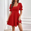 Women's Solid-Color Elegant Slim-fit Short-sleeve Square-neck Red Dress