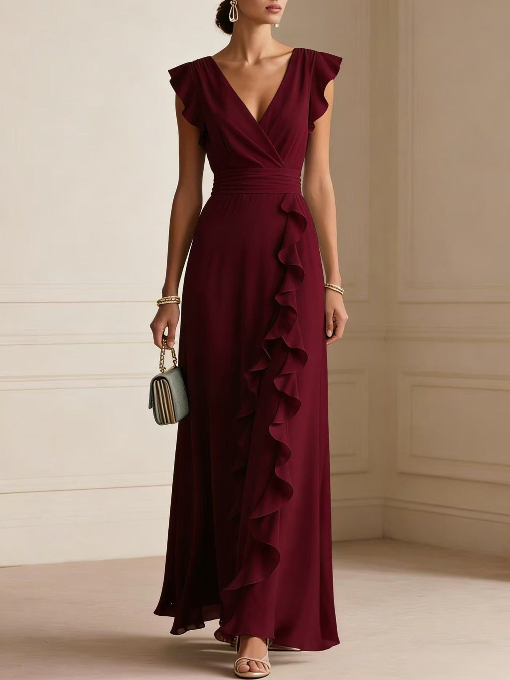 Solid Color Pleated Short Sleeves V-neck Dress