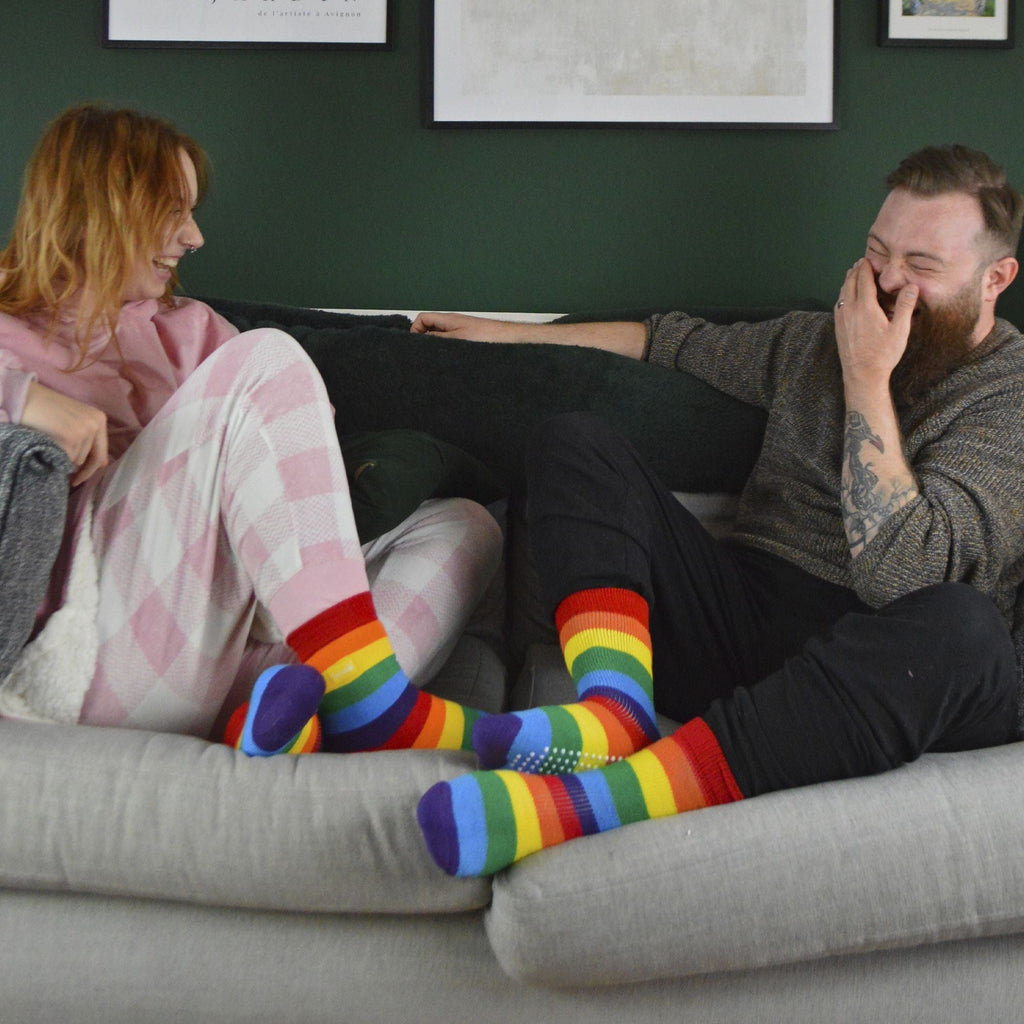1 Pack Rainbow Striped Thermal Non Slip Slipper Socks for Winter