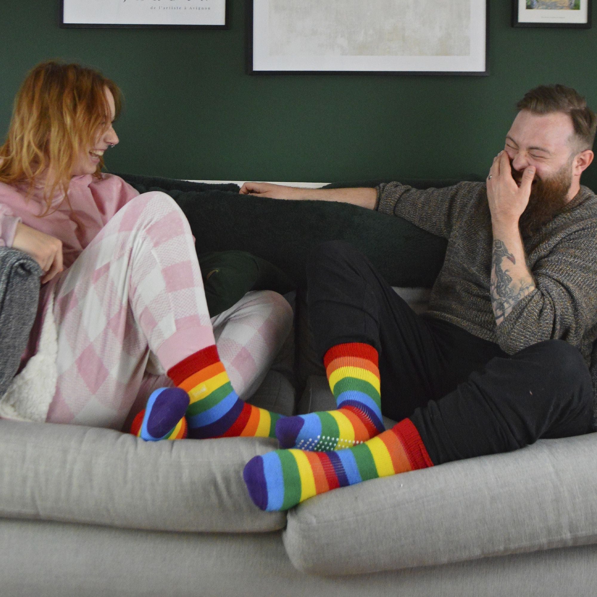 1 Pack Rainbow Striped Thermal Non Slip Slipper Socks for Winter