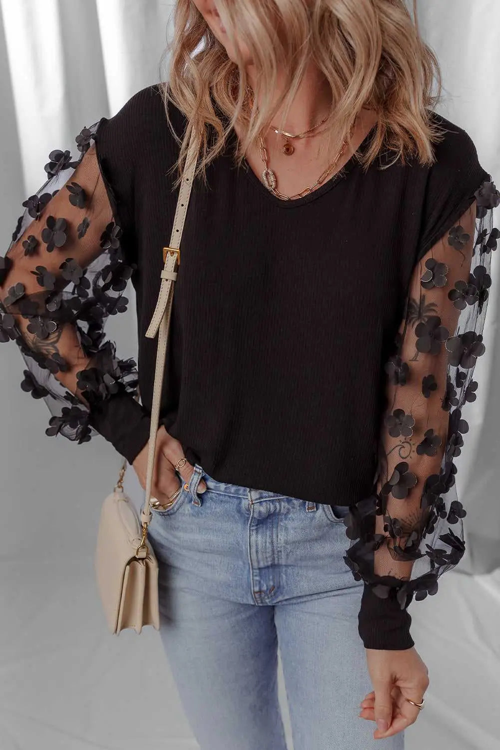 Flower Applique Mesh Sheer Elegant Blouse Women UK