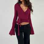 Rare-design Wine-red Lace V-neck Belted Waist Flared-sleeve Short Top