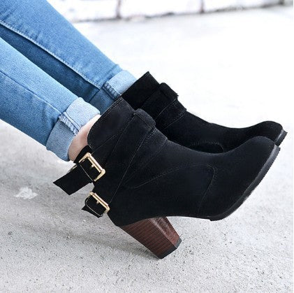Women's Suede Ankle Boots | High Heel Martin Boots with Buckle & Side Zip