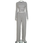 Round Neck Striped Long Sleeve Straight-leg Trousers Suit Women