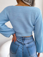 Women Fashion Bow V-Neck Lantern Sleeve Cropped Sweater