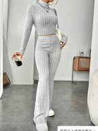 Long Sleeve Turtlenecks Wide Leg High Waist Trousers Suit