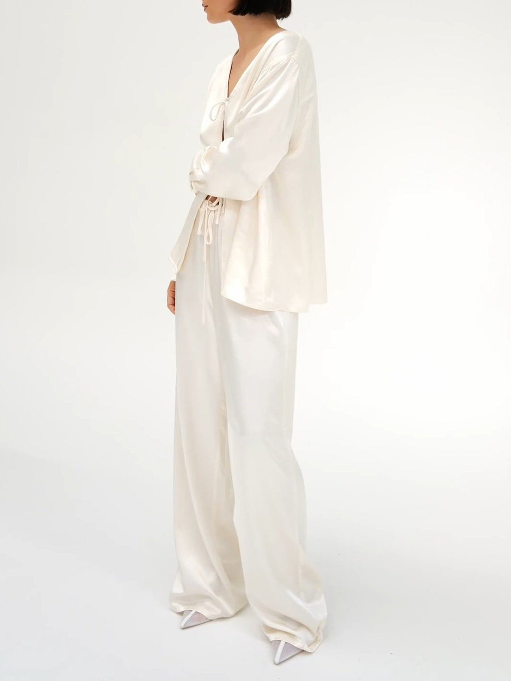 Cream Satin Tie-Front Top And Wide-Leg Pants Set