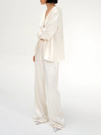Cream Satin Tie-Front Top And Wide-Leg Pants Set