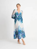 Women's Fashionable Printed V-Neck Long Dress With Puff Sleeves