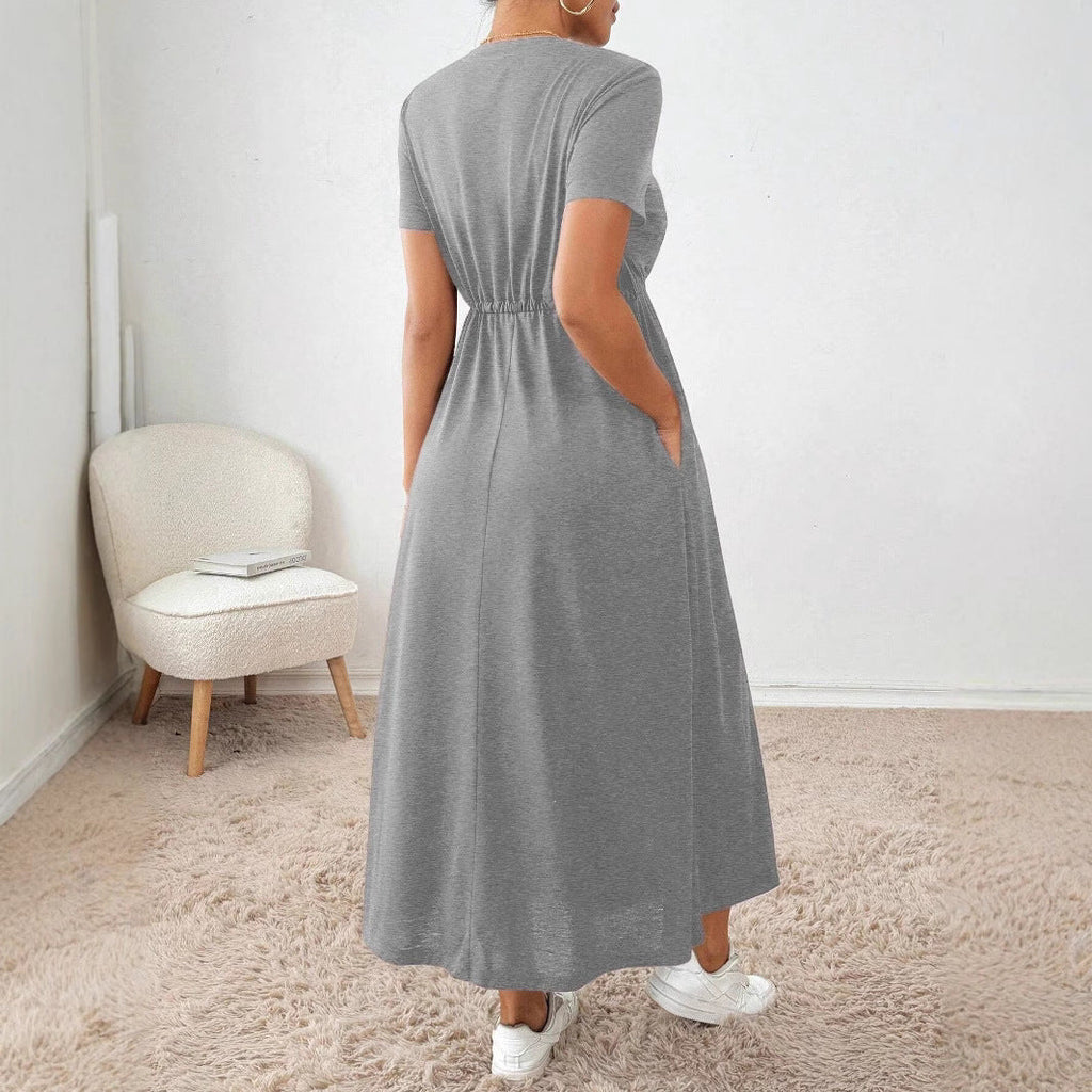 Women's Solid-Colored Short-Sleeve Drawstring Dress With Side Pockets