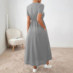 Women's Solid-Colored Short-Sleeve Drawstring Dress With Side Pockets
