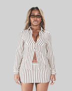 Fashionable Retro Color-Block Striped Long-Sleeve Top And Skirt Set