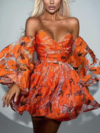 Elegant Floral Lantern Sleeve Off-The-Shoulder Mini Dress