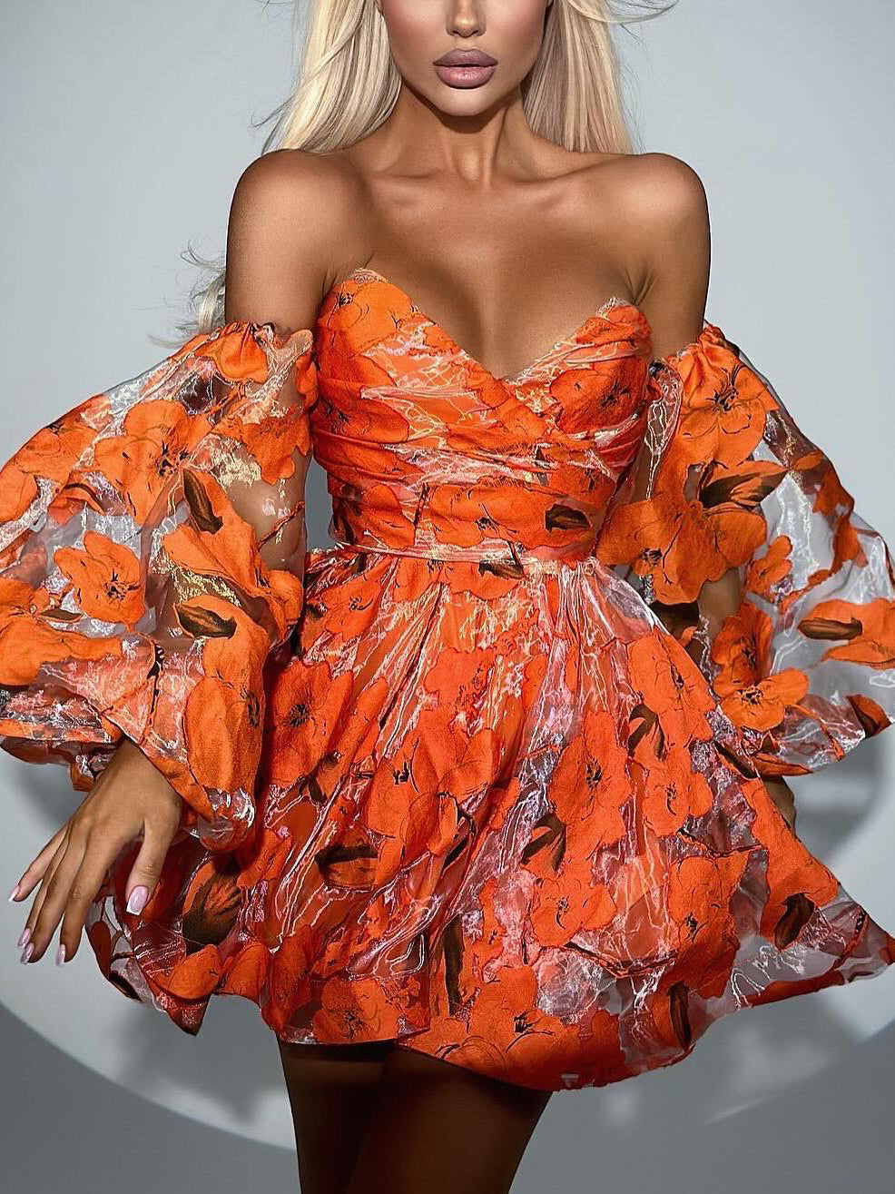 Elegant Floral Lantern Sleeve Off-The-Shoulder Mini Dress