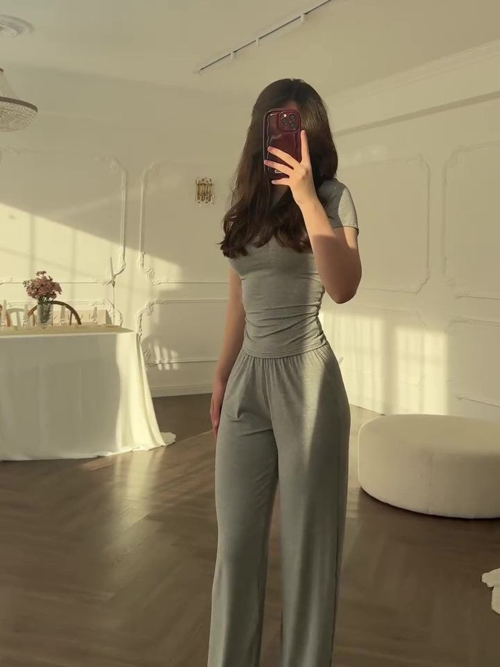 Casual Grey Short-sleeved Top & Wide-leg Pants Suit