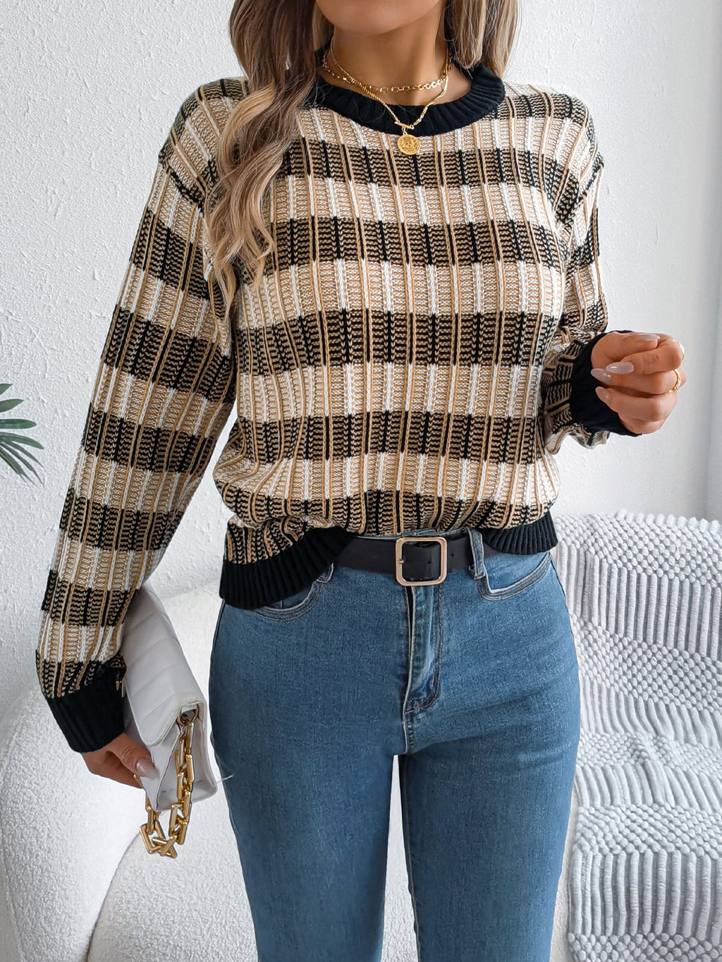 Women Round Neck Retro Stripe Lantern Sleeve Long Sleeve Pullover Sweater