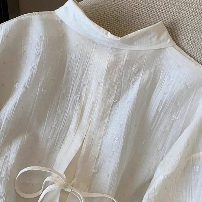 Elegant Solid-Color Crepe Loose-Fit Shirt Cardigan Women's Top