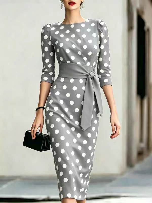 Retro Polka-dot Navy Blue Belted Waist-hugging Elegant Dress