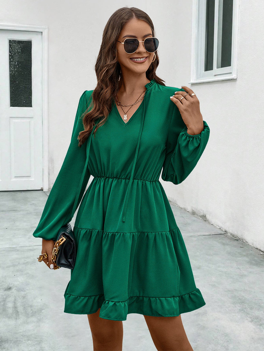 2024 FallWinter New Women's V-neck Lace-up Long-sleeve Dress