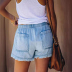 High-waisted Drawstring Fringe Denim Shorts For Women