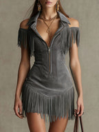 Retro Suede Tassel Off-Shoulder Dress