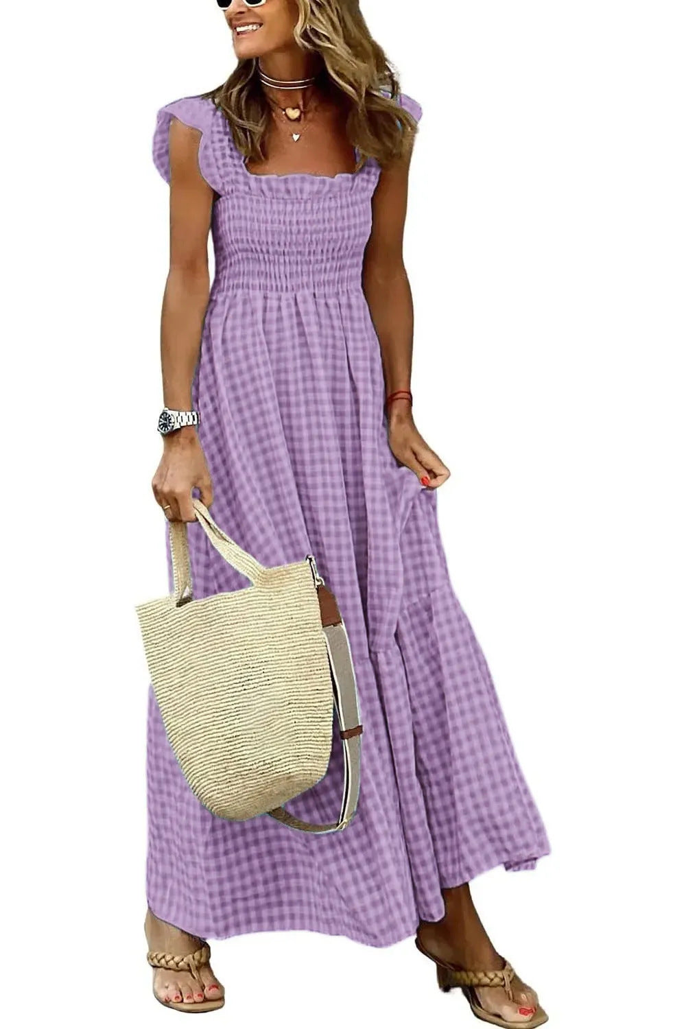 Summer Plaid Print Pleated Ruffle Dress INS Fashion Sleeveless A-line Swing Beach Dress Women's Clothing