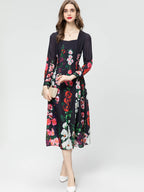 Retro Style Fashion Square Collar Long Sleeve Red Printed Black Mid-length Dress
