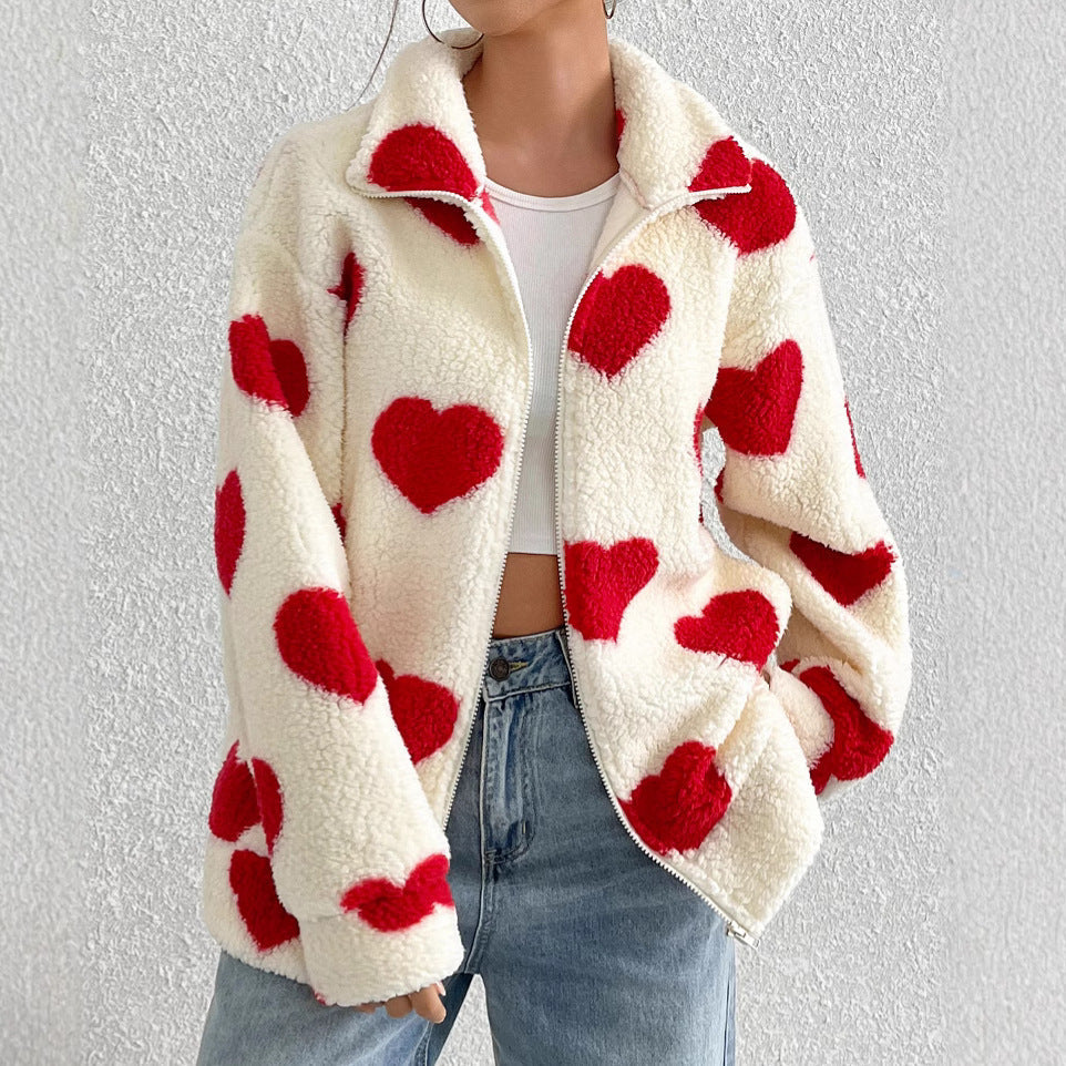 Women's Plush Loving Heart Printed Coat