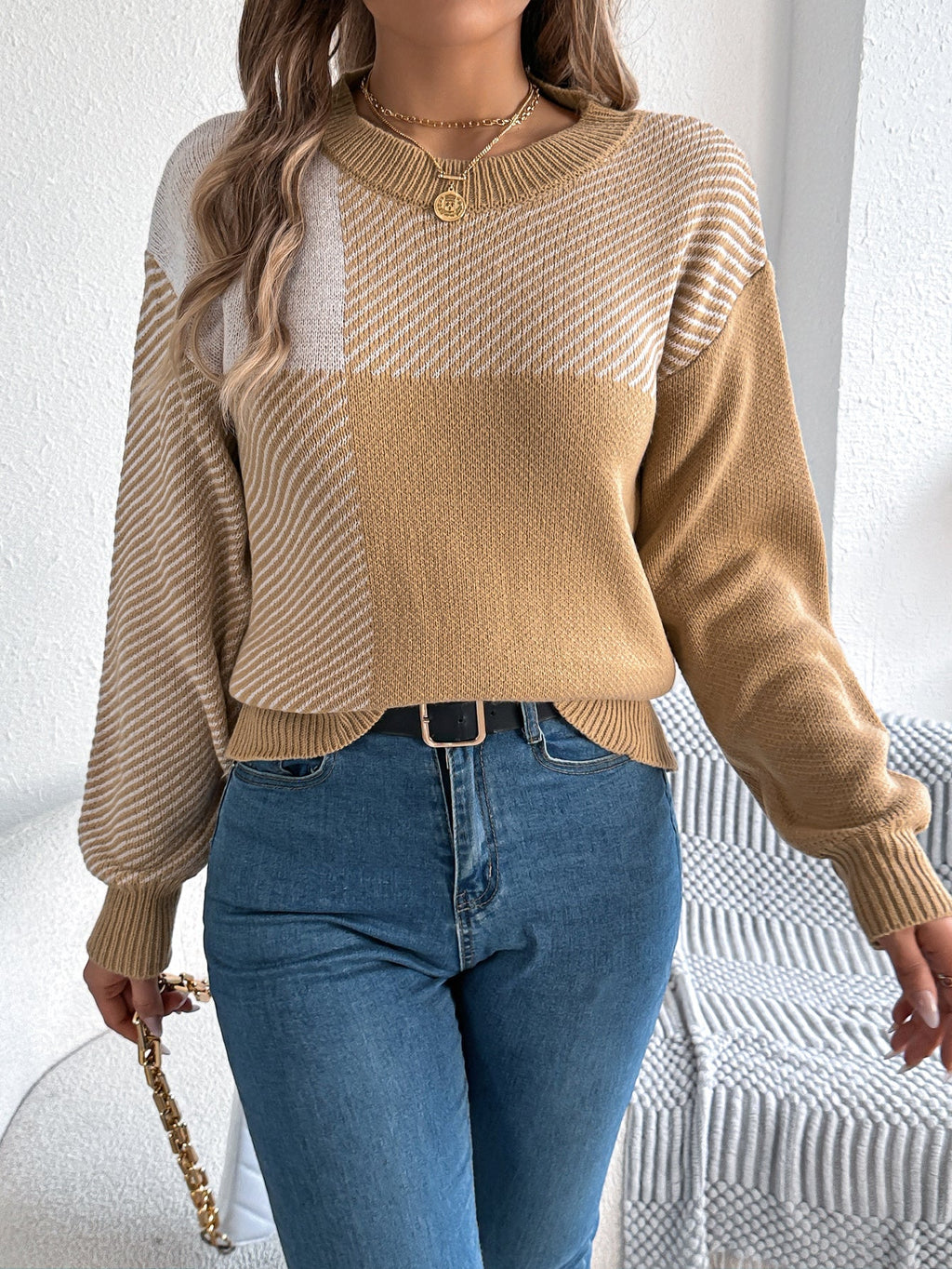 Women Casual Color Block Plaid Long Sleeve Pullover Sweater