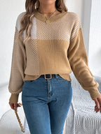 Women Casual Color Block Plaid Long Sleeve Pullover Sweater